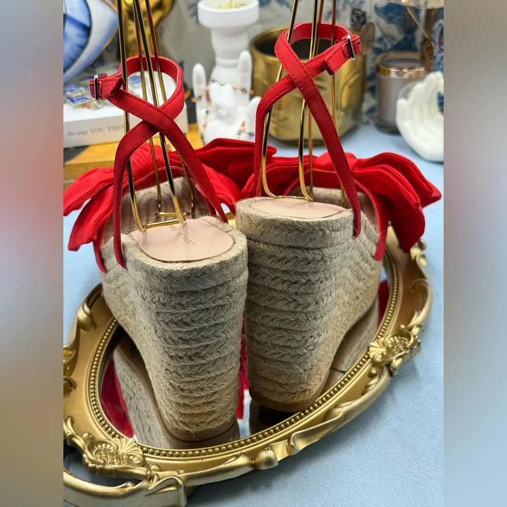 🆕 LOEFFLER RANDALL 🧿 NWOB Angelina Red Moiré Bow Wedge Espadrille, Sz 7